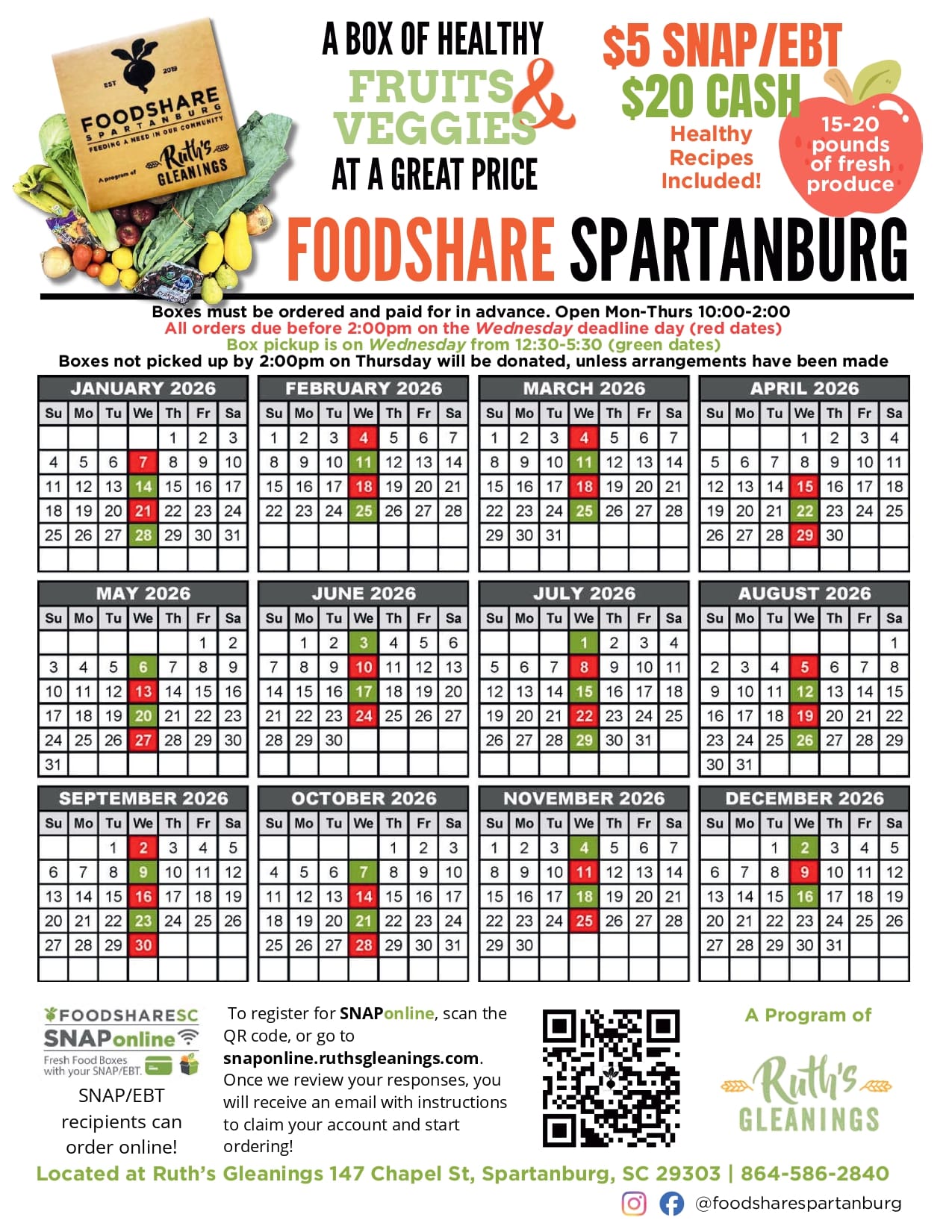 A 2026 FoodShare Spartanburg event flyer featuring a photo of a large box filled with fresh produce like greens, corn, and squash. The text advertises "A Box of Healthy Fruits & Veggies at a Great Price" containing 15 to 20 pounds of fresh produce and healthy recipes. Prices are listed as $5 for SNAP/EBT or $20 for cash. The flyer includes a complete 12-month calendar for 2026 with color-coded dates: red dates indicate order deadlines (Wednesdays before 2:00 PM) and green dates indicate pickup days (the following Wednesday from 12:30 PM to 5:30 PM). At the bottom, it provides a QR code and URL (snaponline.ruthsgleanings.com) for SNAP recipients to order online. The location is listed as Ruth’s Gleanings, 147 Chapel St, Spartanburg, SC 29303, with the phone number 864-586-2840 and social media handle @foodsharespartanburg.